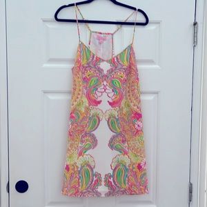 LILLY PULITZER Dusk Silk Slip Mini Dress Sz L in Hot Pink Double Trouble